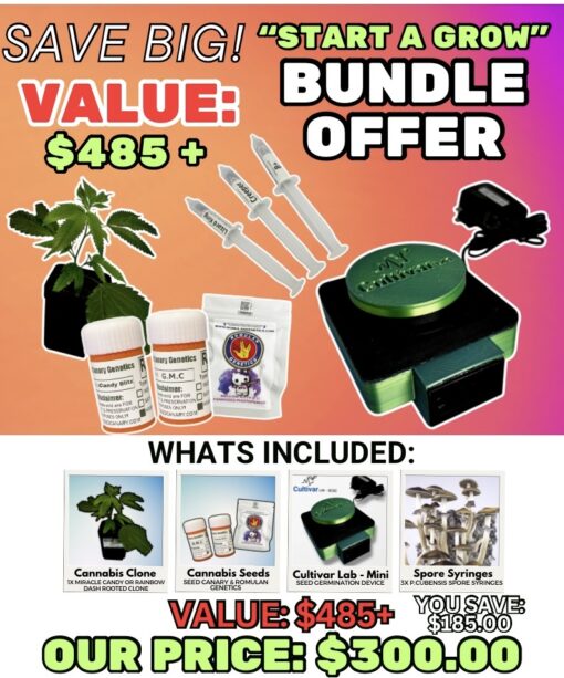 "Start A Grow" Bundle | Includes: A Cultivar Lab Mini, Cannabis Seeds, Spore Syringes, & A Rooted Clone!